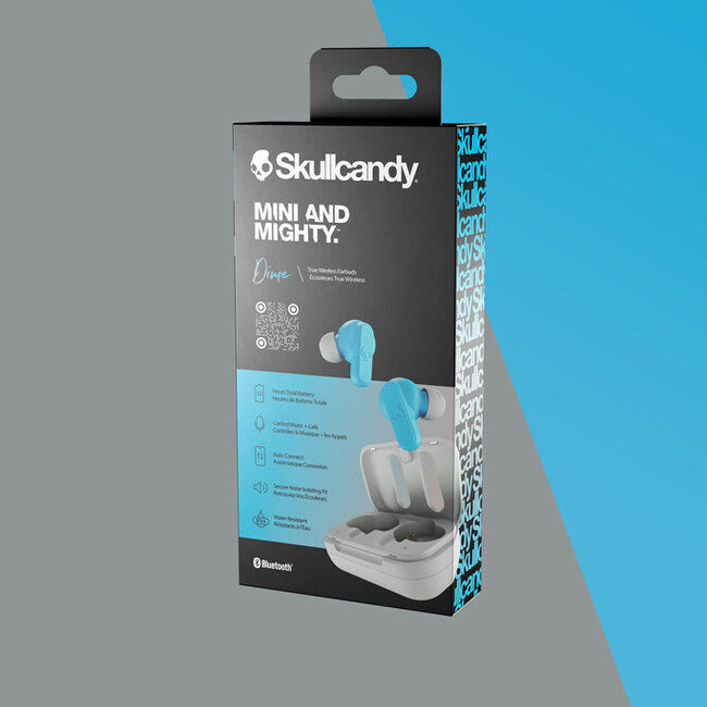 SKULLCANDY DIME - True Wireless Bluethooth Earbud Headphone, LightGrey/Blue. אוזניות סקאלקנדי אלחוטיות בתוך האוזן, מוגן מים, צבע אפור בהיר/תכלת