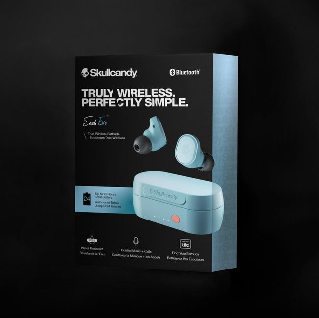 Skullcandy Sesh Evo True Wireless In-Ear Earbud, Bleached Blue אוזניות סקאלקנדי אלחוטיות בתוך האוזן, מוגנות מים, צבע תכלת